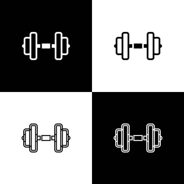 Dumbbell simgesini siyah beyaz arkaplanda izole et. Kas kaldırma, fitness halteri, spor malzemeleri. Vektör