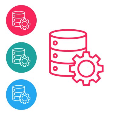 Kırmızı çizgi sunucusu ve dişli simgesi beyaz arkaplanda izole edildi. Uygulama, servis konsepti, ayar seçenekleri, bakım, onarım, onarım. Simgeleri daire düğmelerine ayır. Vektör İllüstrasyonu