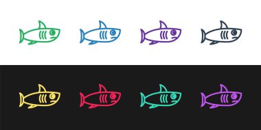 Siyah ve beyaz arkaplanda köpekbalığı simgesi belirle. Vektör.