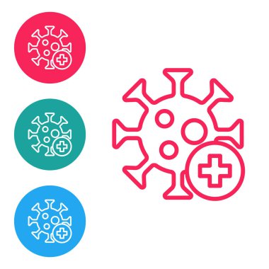 Kırmızı çizgi pozitif virüs ikonu beyaz arkaplanda izole edildi. Corona virüsü 2019-nCoV. Bakteri ve mikroplar, hücre kanseri, mikrop, mantar. Simgeleri daire düğmelerine ayır. Vektör.