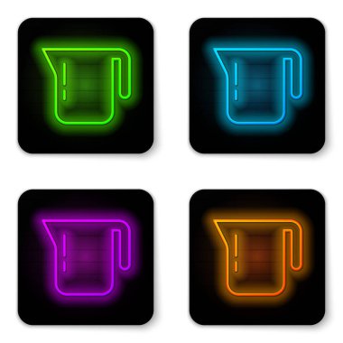 Parlayan neon hattı beyaz arka planda izole kahve demliği ikonu. Siyah kare düğme. Vektör