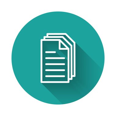 Beyaz çizgi Dosya simgesi uzun gölgeyle izole edildi. Kontrol listesi simgesi. İş konsepti. Yeşil daire düğmesi. Vektör