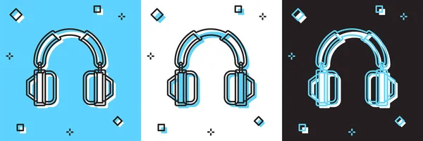 Establecer icono de auriculares aislados en azul y blanco, fondo negro. Auriculares. Concepto para escuchar música, servicio, comunicación y operador. Vector — Archivo Imágenes Vectoriales