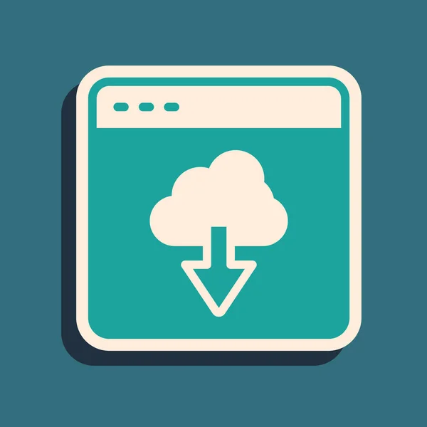 Tecnologia Green Cloud ícone de transferência de dados e armazenamento isolado em fundo verde. Estilo de sombra longo. Vetor — Vetor de Stock