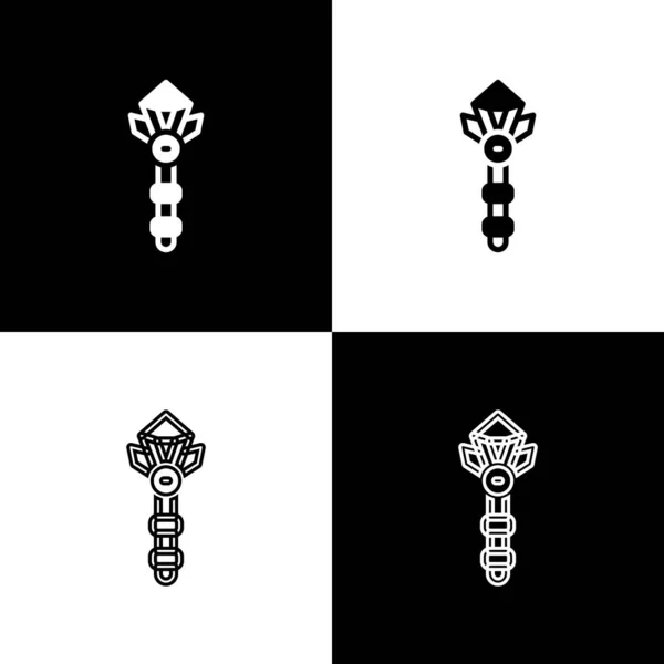 Gereedschap Toverstok pictogram geïsoleerd op zwart-wit achtergrond. Ster vorm magische accessoire. Magische kracht. Vector — Stockvector