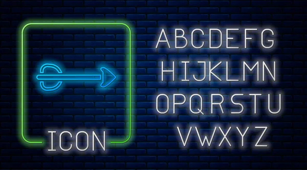 Gloeiende neon pijl pictogram geïsoleerd op baksteen muur achtergrond. Neon licht alfabet. Vector — Stockvector