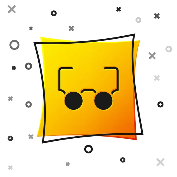 Die schwarze Brille steht isoliert auf weißem Hintergrund. Brillengestell-Symbol. Gelber quadratischer Knopf. Vektor — Stockvektor