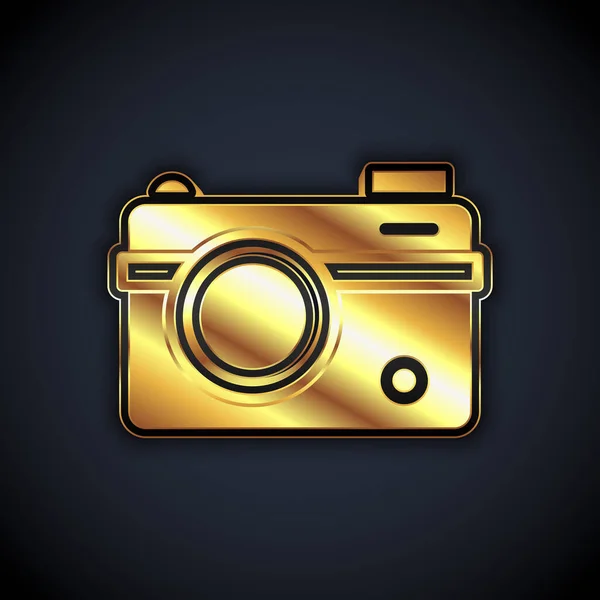 Zlatá ikona fotoaparátu izolované na černém pozadí. Fotoaparát. Digitální fotografie. Vektor — Stockový vektor