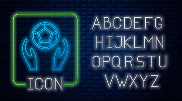 Gloeiende neon voetbal bal pictogram geïsoleerd op baksteen muur achtergrond. Sportuitrusting. Neon licht alfabet. Vector — Stockvector
