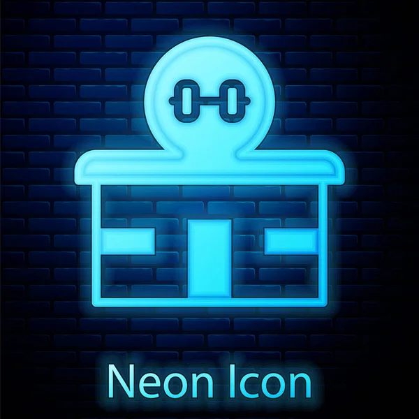 Glowing neon Gym building icon isolated on brick wall background. Sport club. Vector — Stock Vector