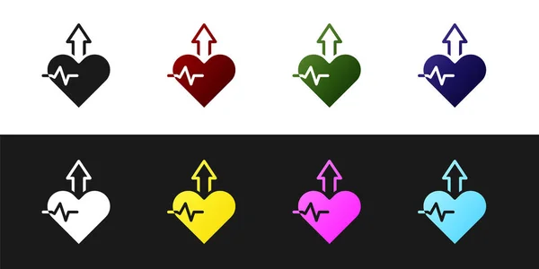 Set Heartbeat Erhöhung Symbol isoliert auf schwarzem und weißem Hintergrund. Erhöhte Herzfrequenz. Vektor — Stockvektor