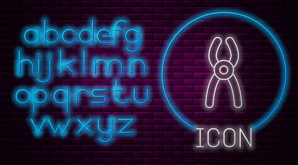 Ragyogó neon vonal Fogók ikon elszigetelt téglafal háttér. Fogászati felszerelés. Neonfény ábécé. Vektor — Stock Vector