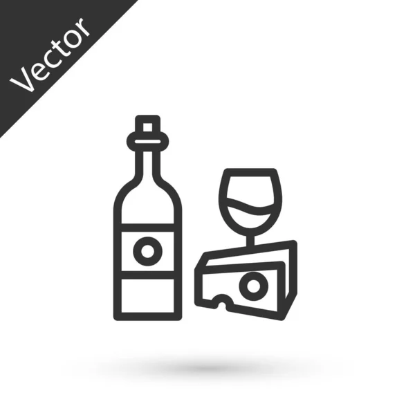 Linha cinza Garrafa de vinho com ícone de vidro e queijo isolado no fundo branco. Jantar romântico. Vetor — Vetor de Stock