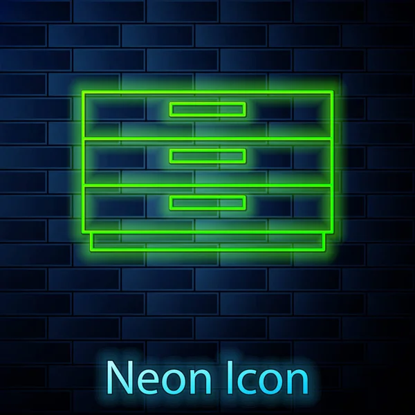 Leuchtende Neon-Linie Kommode Symbol isoliert auf Backsteinwand Hintergrund. Vektor — Stockvektor