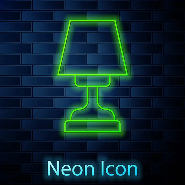 Icono de lámpara de mesa de línea de neón brillante aislado en el fondo de la pared de ladrillo. Vector — Archivo Imágenes Vectoriales