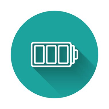 Beyaz çizgi Batarya şarj seviyesi gösterge simgesi uzun gölge arkaplan izole. Yeşil daire düğmesi. Vektör