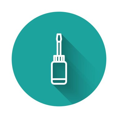 Beyaz çizgi tornavida simgesi uzun gölge arkaplanı ile izole edildi. Servis aracı sembolü. Yeşil daire düğmesi. Vektör