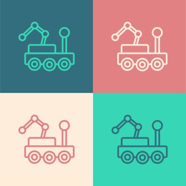 Pop sanat çizgisi Mars gezgini simgesi renk arkaplanında izole edildi. Uzay aracı. Ay yürüyüşü işareti. Gezegen yüzeyini incelemek için bir cihaz. Vektör