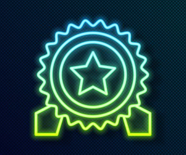 Siyah zemin üzerinde yıldız simgesi olan parlak neon çizgisi madalyası. Kazanan başarı işareti. Ödül madalyası. Vektör