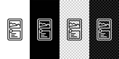 Çizgi Kart koleksiyonu simgesi siyah beyaz, şeffaf arkaplanda izole edildi. Sihirli eşyalarla fantezi seti. Vektör