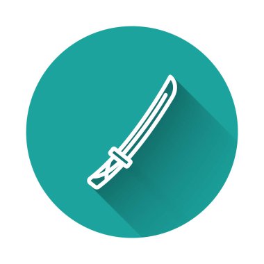 Beyaz çizgi Geleneksel Japon katana simgesi uzun gölge arkaplan izole. Japon kılıcı. Yeşil daire düğmesi. Vektör