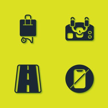 Bavul ayarla, cep telefonu yok, havaalanı pisti ve uçak dümen ikonu. Vektör