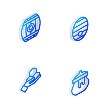 Arılar için Isometric hattı kovanı, ballı ahşap fıçı, bal peteği ve ikon kavanozu hazırla. Vektör