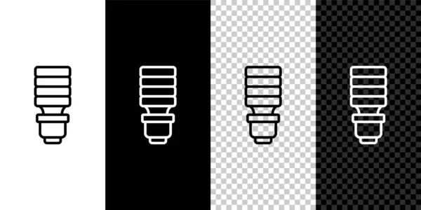 Satır LED ampul simgesini siyah beyaz, şeffaf arkaplanda izole et. Ekonomik LED ışıklı ampul. Enerji lambasını sakla. Vektör — Stok Vektör