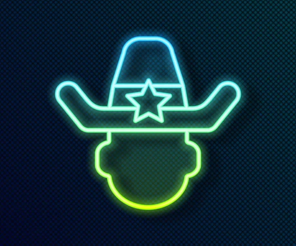 Brillante ligne néon chapeau de cow-boy shérif avec icône étoile badge isolé sur fond noir. Agent de police. Vecteur — Image vectorielle