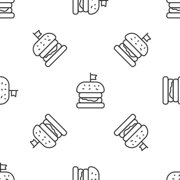 Ligne grise Icône Burger motif isolé sans couture sur fond blanc. Icône de hamburger. Cheeseburger sandwich signe. Menu de restauration rapide. Vecteur — Image vectorielle