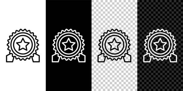 Set line Médaille avec icône étoile isolée sur fond noir et blanc transparent. Signe de réussite du gagnant. Médaille. Vecteur — Image vectorielle