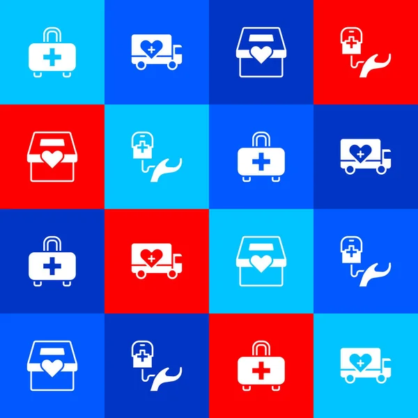 Set First aid kit, Humanitarian truck, Donation and charity and Blood donation icon. Vector — Stock Vector