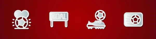 Definir bola de futebol de futebol, futebol objetivo, sapatos de futebol e ícone. Vetor — Vetor de Stock