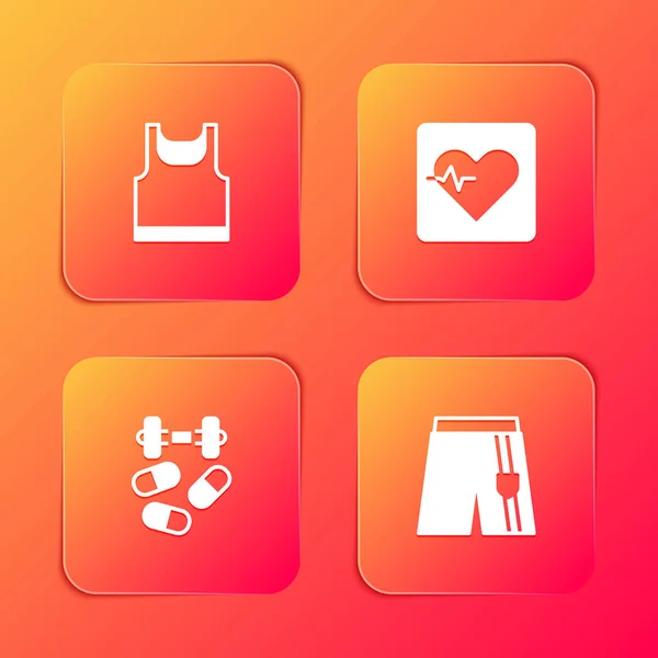 Set Sleeveless t-shirt, Heart rate, Sports doping with dumbbell and Short pants icon. Vector — Stock Vector
