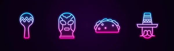 Set line Maracas, wrestler messicano, Taco con tortilla e uomo sombrero. Icona luminosa al neon. Vettore — Vettoriale Stock