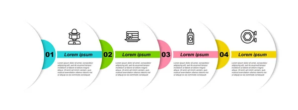 Set línea apicultor con sombrero protector, pila de panqueques, tarro de miel y panal colgante panal. Plantilla de infografía empresarial. Vector — Vector de stock