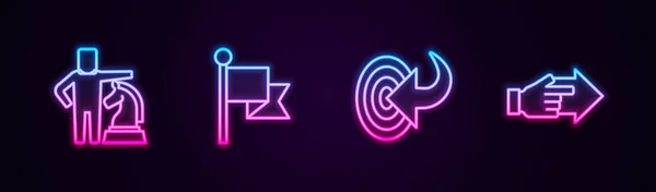 Ustaw linię Szachy, Flaga, Cel i Ręka z palcem wskazującym. Świecąca neonowa ikona. Wektor — Wektor stockowy