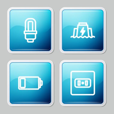 LED lamba, hidroelektrik barajı, pil ve elektrik prizi simgesini ayarla. Vektör