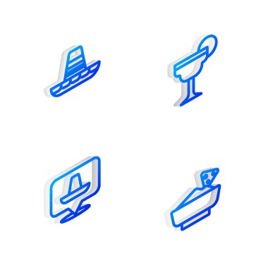 Isometric line Margarita kokteyli, Meksika sombrerosu ve Nachos 'u kase ikonuna koy. Vektör