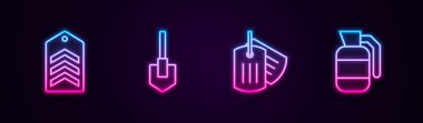 Sembol, kürek, asker künyesi ve el bombası. Parlayan neon ikonu. Vektör