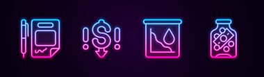 Sözleşme parasını ve kalemini ayarla, dolar oranında indirim, ham petrol fiyatında düşüş ve madeni parayla cam kavanozda düşüş. Parlayan neon ikonu. Vektör