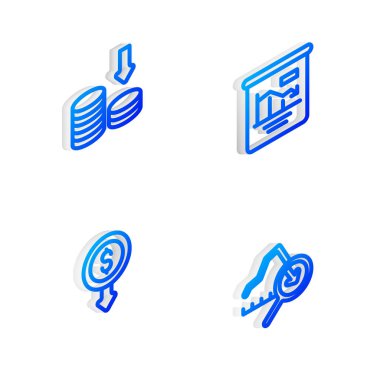 Isometric hattı pasta grafiği bilgisini, dolar oranı düşüşünü ve küresel ekonomik kriz ikonunu ayarla. Vektör