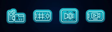 Set hattı Cinema kamerası, cep telefonu selfie, müzik veya video ayarları ve çevrimiçi oyun. Parlayan neon ikonu. Vektör