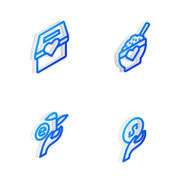 Isometric Hattı Bağış Yemeği ve Bağış, Yaprak ve ikon 'u ayarlayın. Vektör