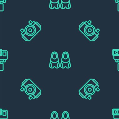 Flippers 'ı yüzmeye hazırlayın. Fotoğraf makinesi dalgıcı ve kusursuz desenli aksiyon. Vektör