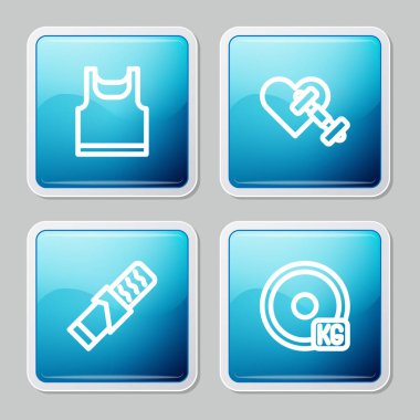 Çizgili kolsuz tişört, kalple Dumbbell, Protein spor barı ve ağırlık plaka ikonu. Vektör