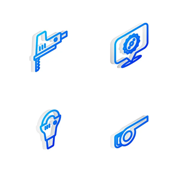 Set Isometrische lijn Cirkelzaagblad, elektrische decoupeerzaag, hoekslijper en bladblazerpictogram. Vector — Stockvector