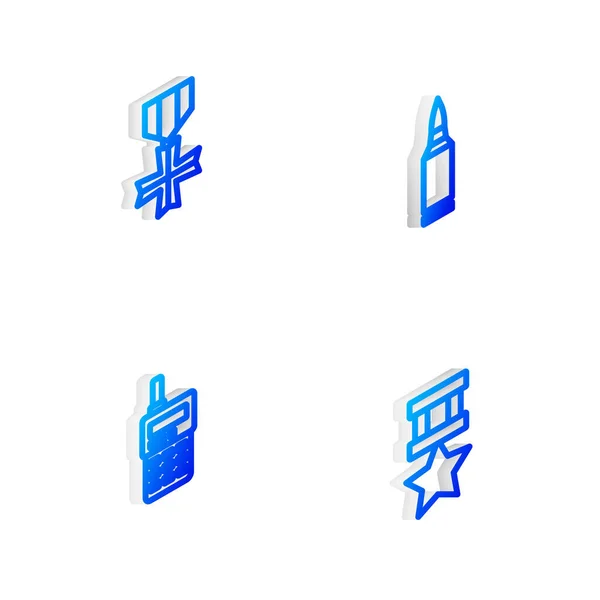 Nastavit Isometric line Bullet, Vojenská odměna medaile, vysílačka a ikona. Vektor — Stockový vektor