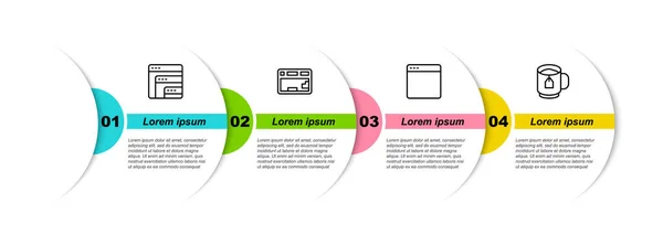 Establecer línea de software, teclado, ventana del navegador y taza de té con la bolsa de té. Plantilla de infografía empresarial. Vector — Archivo Imágenes Vectoriales