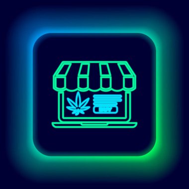 Parlak neon hattı dizüstü bilgisayar ve tıbbi marihuana veya kenevir yaprağı ikonu siyah arka planda izole edilmiş. İnternetten satın alma sembolü. Süpermarket sepeti. Renkli taslak konsepti. Vektör